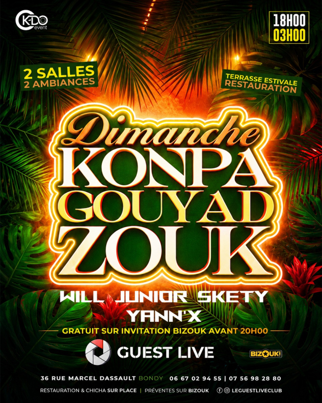 Dimanche Konpa Gouyad - Zouk - Entrée Gratuite Jusqu'à 20h - 23082026